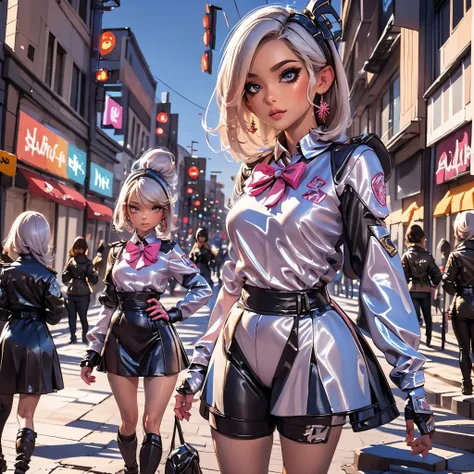 ((We have 4:1.8))、(4 sisters)、gal、(neon street)、(Four tall high school girls with model figures:1.7)、(Standing facing this), (best quality,4k,8k,highres,masterpiece:1.2),ultra-detailed,(realistic,photorealistic,photo-realistic:1.37),portraits,[close up],[w...