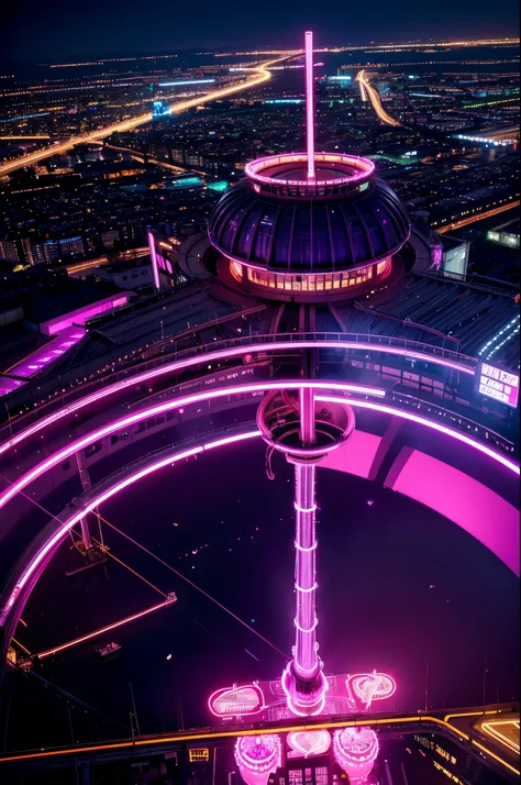 glowneon, cinematic film still, A glowing city from above emitting pink and white neon light, dark amethyst 