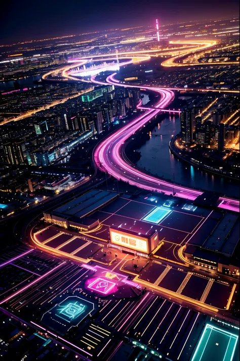 glowneon, cinematic film still, A glowing city from above emitting pink and white neon light, dark amethyst 