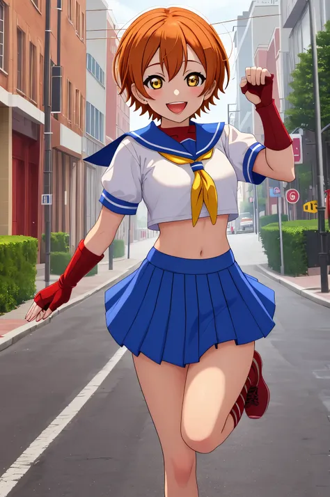 masterpiece,best quality,hoshizora rin, orange hair, yellow eyes ,bangs , crop top, red neckerchief,blue micro skirt, fingerless...