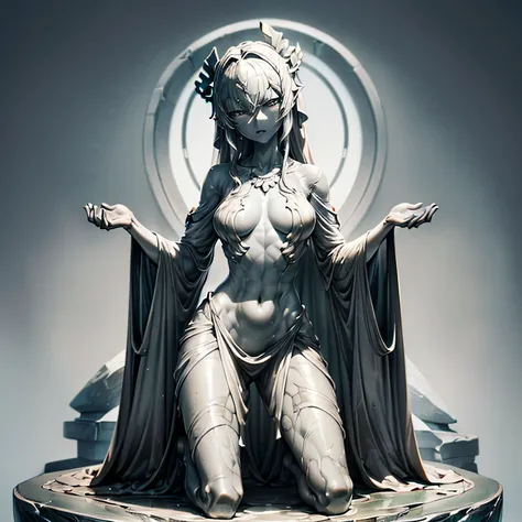 (((statue petrification))),(((stone skin))),(((gray color skin))),(((No light in my eyes))),(Open your mouth),(emotion less),((highest quality)), ((masterpiece)), (be familiar with),Perfect Face,stone statue woman,Kneeling