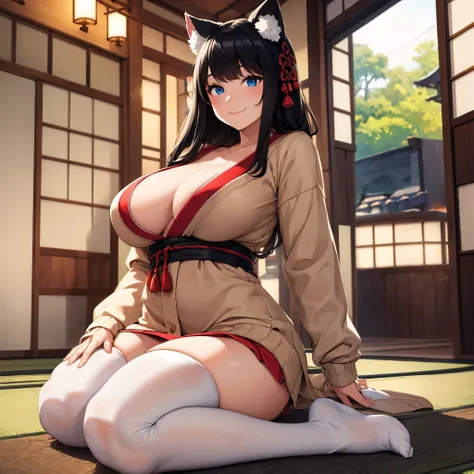 a woman wearing a beige sweater, with exposed thigh, long white stockings, large breasts, long black hair, neko ears, blue eyes, smiling, bangs in her hair, in a modern Japanese covering,(solo woman), HDR, ultra resolution, sharp, masterpiece, 8K HD
