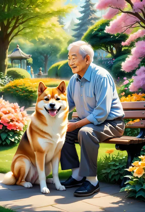 (best quality,highres,masterpiece:1.2),watercolor painting,Shiba Inu,elderly man sitting on a park bench,magical and heartwarming,sunlit garden scene,detailed fur texture,expressive brush strokes,pastel color palette,soft and gentle lighting,vibrant flower...