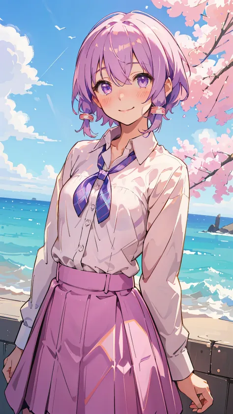 Genki girl、alone、Yuzuki Yukari、18-year-old、Small breasts、Slim figure、smile、blush、Light purple hair、short hair、(Hair between the eyes)、（white blouse shirt:1.2、Tartan Check Skirt）、Upper body close-up、Golden Hour Sky、coastal