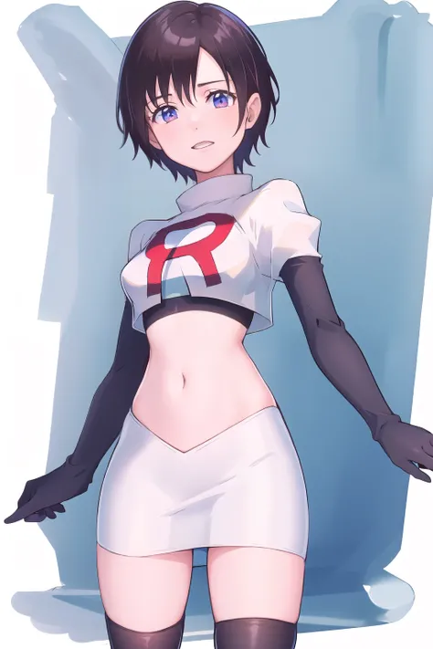 masterpiece, best quality, highres, aaxion, short hair, team rocket,team rocket uniform,white skirt,red letter R,crop top,black thigh-highs,black elbow gloves, cowboy shot, 