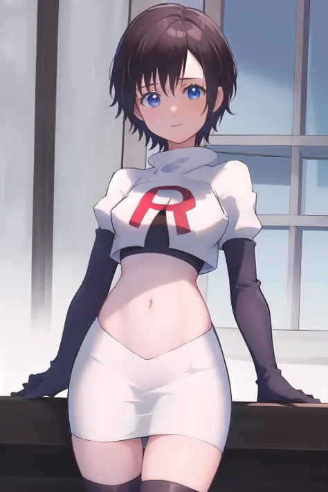 masterpiece, best quality, highres, aaxion, short hair, team rocket,team rocket uniform,white skirt,red letter R,crop top,black thigh-highs,black elbow gloves, cowboy shot, 