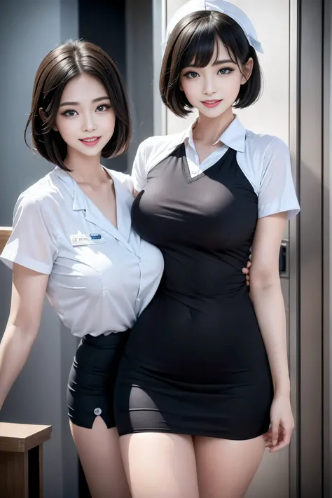 (3 Ultimate Beauty Nurses)、{{{masterpiece}}}， {Oh oh oh, Oh, really：1.2}， best quality， Official Art， Highly detailed CG Unity 8k wallpaper， Very rich facial details、Delicate lips、Delicate eyes、Double eyelids、((Black Bob Hair))、(Nurse:1.3)、(Attractive figu...