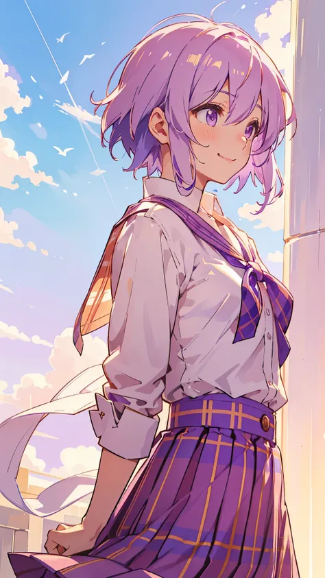 alone、yuzuki yukari、small breasts、slim figure、smile、profile、light purple hair、short hair、(hair between the eyes)、（white blouse s...