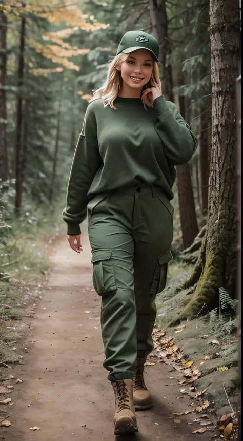 Foto hiperrealista en primer plano de Emily Sears, masterpiece, best quality, (photorealistic:1.4), full body, (army green winter Plus Size Long Sleeve Pullover casual Sweater:1.1), (army green cargo pants:1.2), (trucker hat), fall hiking in the forest wit...