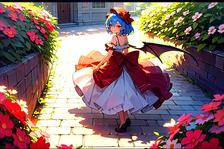 High resolution, masterpiece,highest quality, Super detailed, (Fine grain), (Detailed face),One girl, Remilia Scarlet, Smiling, Walking along a brick road, noon, sunny, There are many flowers blooming around