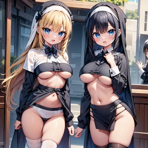 (cute eyes:1.2), (sparkling eyes:1.2), highest quality,wonderful,finely,extremely detailed CG Unity 8K wallpaper, (Stand in line:1.2), (3 girls, clothed), (nun:1.1), (Underboob:1.4), (midriff peek:1.4), (midium breasts), (open mouth:1.1), (long tongue:1.1)...