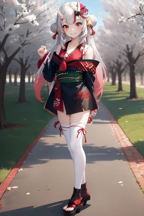 masterpiece, best quality, absurdres, perfect anatomy, 1girl, solo, Nakiri Ayame, long hair, double bun, AyameBase, black kimono, hair bell, obi, white thighhighs, bare shoulders, long sleeves, oni mask, mask on head, outdoors, standing, sakura tree, arms ...