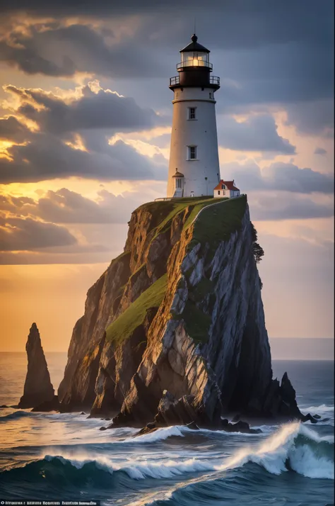 Oil painting, The lighthouse on the edge of the coast, An old medieval lighthouse stands along a rugged coastline, illuminating the darkness of the night. Its warm rays of light penetrate the fog and show ships the way, while the sound of the waves crashes...