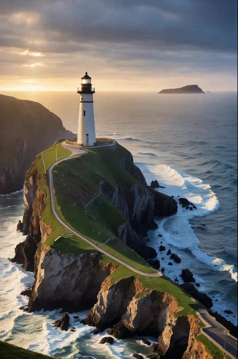 oil painting, the lighthouse on the edge of the coast, an old medieval lighthouse stands along a rugged coastline, illuminating ...