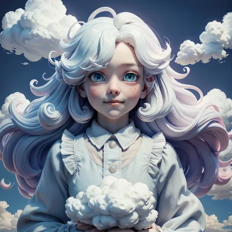 10 years old girl,cloud body,head made of clouds,hands made of clouds,cloud anatomy,hair made of clouds,white light eyes,flying in the sky,little smile,fingers made of clouds, form of clouds,body made of clouds