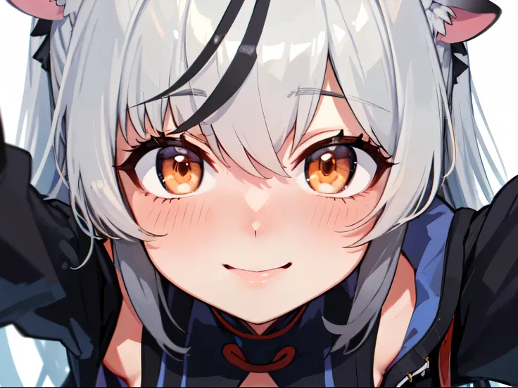 masutepiece, top-quality, ultra-details, Solo Focus, 
(1KOKONA, open arms for viewer), 
pigeon toed, 
, White hair, Orange Eye, Smile:0.8, blush:1.3, 
Black clothes, Black jacket, White skirt, 
(From-front-above, Close-up Face:1.4),