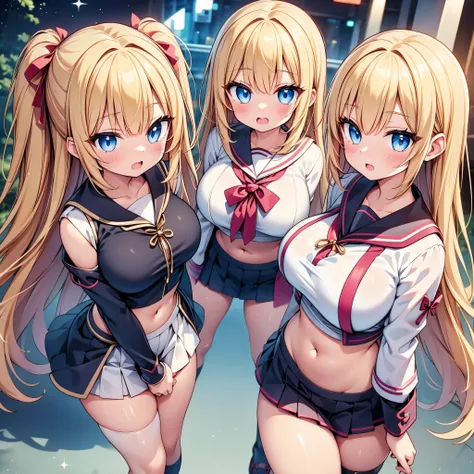 (cute eyes:1.2), (sparkling eyes:1.2), highest quality,wonderful,finely,extremely detailed CG Unity 8K wallpaper, (Stand in line:1.2), (3 girls, cute eyes, japanese miko, clothed), (huge breasts), (Underboob:1.1), (midriff peek:1.2), (open mouth:1.1), (lon...