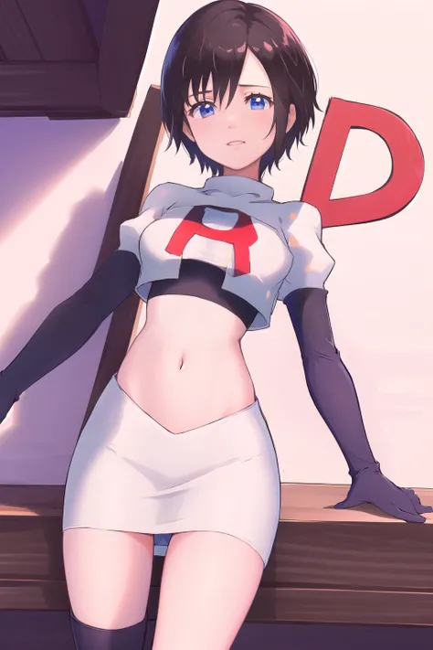 masterpiece, best quality, highres, aaxion, short hair, team rocket,team rocket uniform,white skirt,red letter R,crop top,black thigh-highs,black elbow gloves, cowboy shot, 