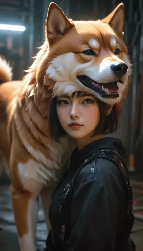 (short-haired Shiba Inu),(best quality,highres,masterpiece:1.2),portrait,realistic，xianxia，Cyberpunk，Interweaving of light and shadow