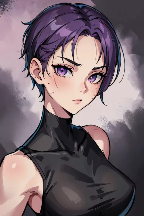 (scar, scar on face, burn scar, muscular female)(high-quality, breathtaking),(expressive eyes, perfect face)(scar, scar on face, burn scar) 1girl, female, solo, young adult age, Vibrant lavender color hair, purple eye color, spiky fluffy hair, short hair l...