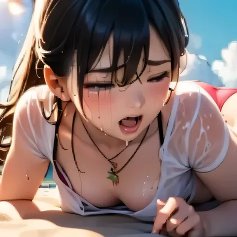 (intense orgasming face), two cute sisters, (eyes closed), (eyes realistic sizing, drooping eyes), (wet tee-shirt), flower bikini, sunny sky, soft light, beach, open mouth, crying, long hair, necklace, (small breasts), (lying)