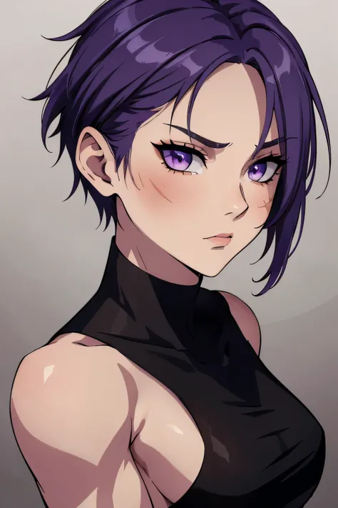 (scar, scar on face, burn scar, muscular female)(high-quality, breathtaking),(expressive eyes, perfect face)(scar, scar on face, burn scar) 1girl, female, solo, young adult age, Vibrant lavender color hair, purple eye color, spiky fluffy hair, short hair l...