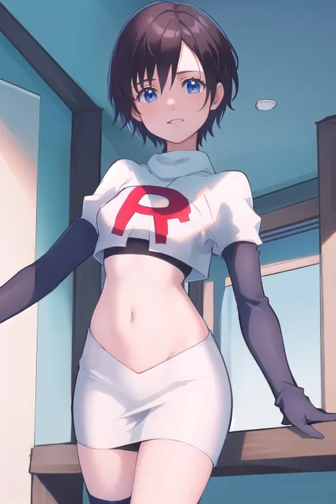 masterpiece, best quality, highres, aaxion, short hair, team rocket,team rocket uniform,white skirt,red letter r,crop top,black ...