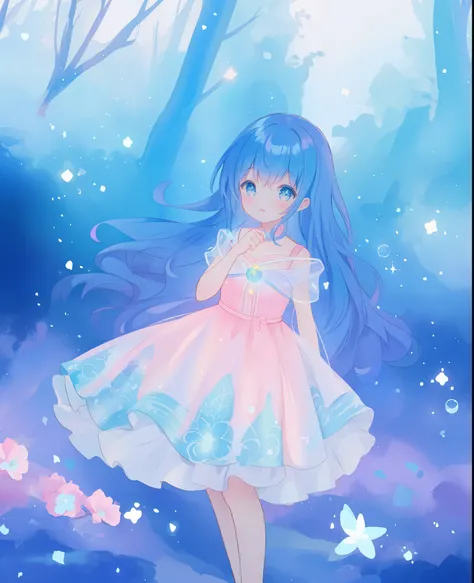 beautiful girl in sparkling puffy ballgown dress, vibrant pastel colors, (colorful), long flowing dark blue hair, otherworldly blue and pink landscape background, inspired by Glen Keane, inspired by Lois van Baarle, disney art style, fantasia background, o...