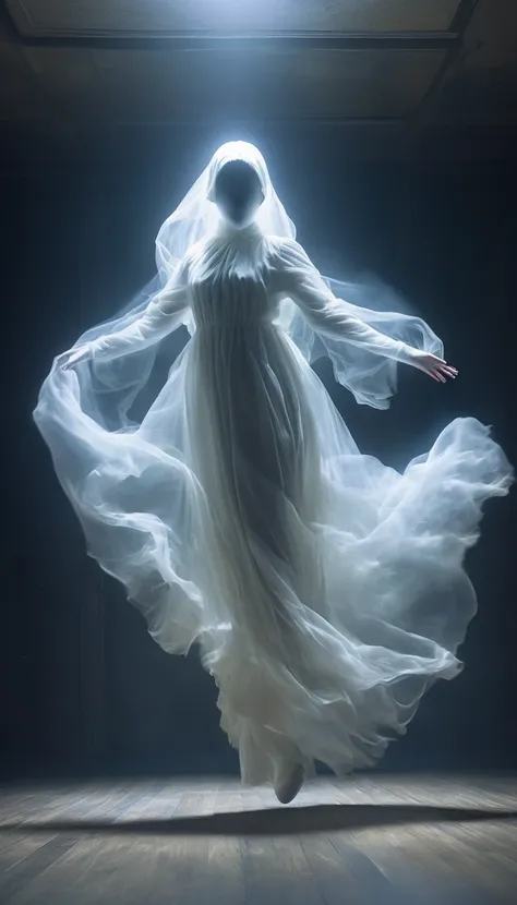 Floating ghost girl,Dynamic backward bending pose,background:In the dark room