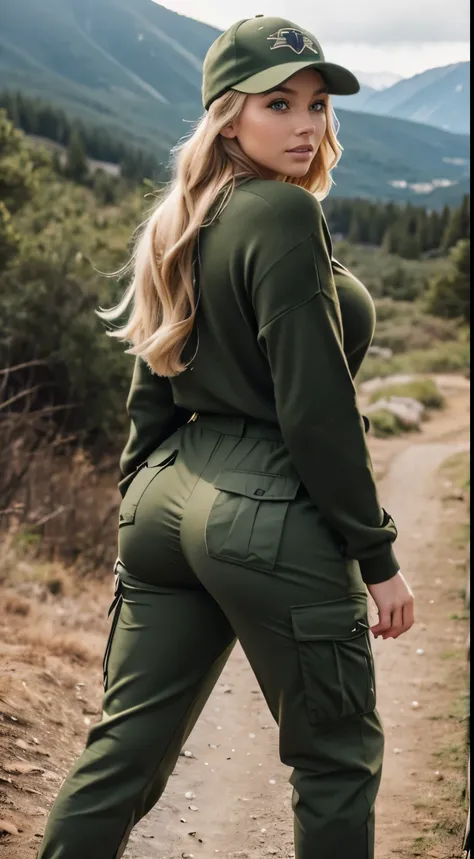 Foto hiperrealista en primer plano de Emily Sears, masterpiece, best quality, (photorealistic:1.4), full body, (army green winter Plus Size Long Sleeve Pullover casual Sweater:1.1), (army green cargo pants:1.2), (trucker hat), hiking in the mountain,  cine...