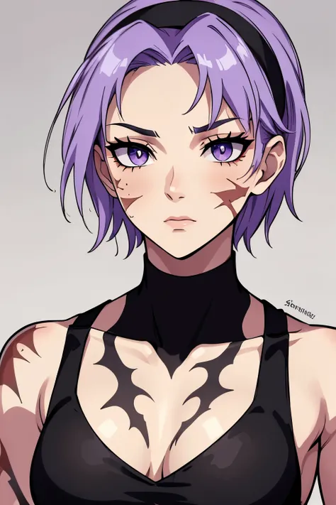 (scar, scar on face, burn scar, muscular female)(high-quality, breathtaking),(expressive eyes, perfect face)(scar, scar on face, burn scar) 1girl, female, solo, young adult age, Vibrant lavender color hair, purple eye color, spiky fluffy hair, short hair l...