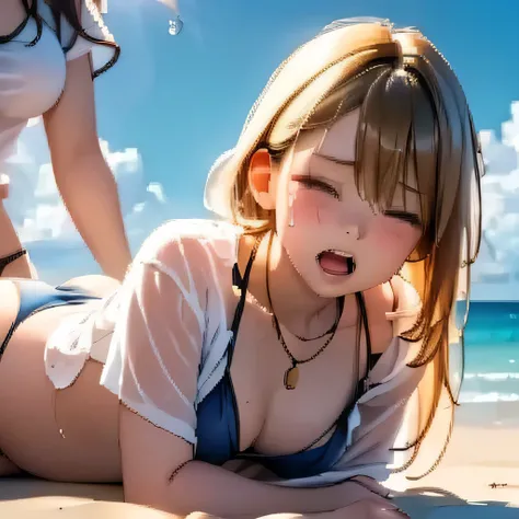 (intense orgasming face), two cute sisters, (eyes closed), (eyes realistic sizing, drooping eyes), (wet tee-shirt), flower bikini, sunny sky, soft light, beach, open mouth, crying, blonde hair, necklace, (small breasts), (lying)