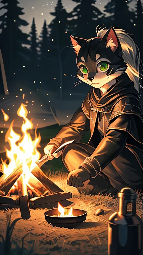 (best quality, masterpiece:1.2), official artwork, furry, female, anthropomorphic black cat, delicate face, delicate eyes, green eyes, low ponytail, leather cloak, oil lamp, sickle, holding a torch, depth of field, perfect lighting, light particles, (best ...