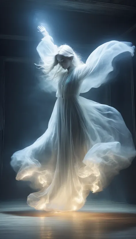 Floating ghost girl,Dynamic backward bending pose,background:In the dark room
