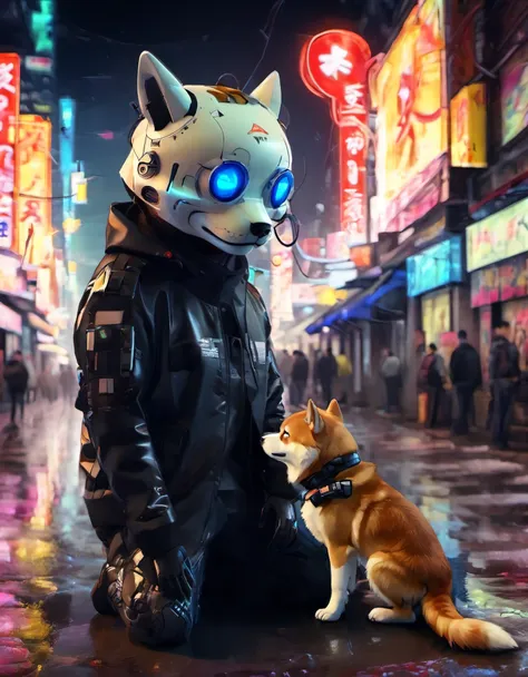 (short-haired shiba inu),(best quality,highres,masterpiece:1.2),portrait,realistic，xianxia，cyberpunk，interweaving of light and s...