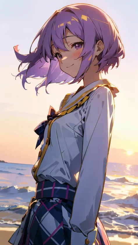 alone、Yuzuki Yukari、Small breasts、Slim figure、smile、From the side、Light purple hair、short hair、(Hair between the eyes)、（white blouse shirt:1.2、Tartan Check Skirt）、Upper body close-up、Golden Hour Sky、Sandy beach background