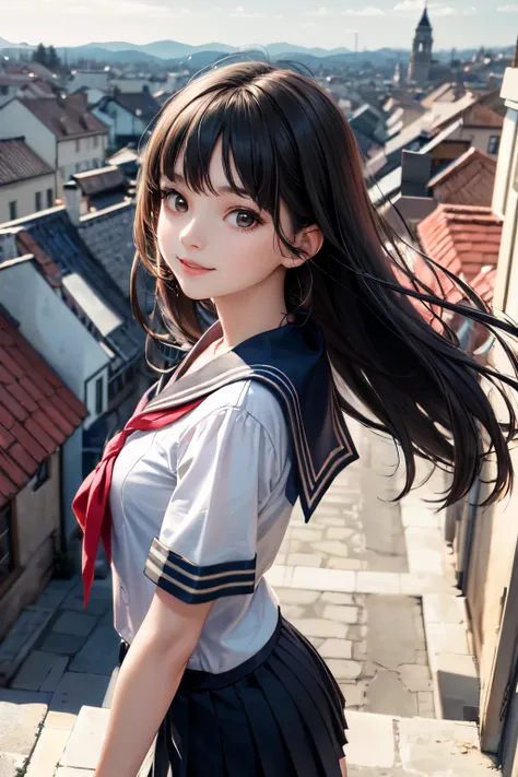 very cute and beautiful girl,teen,(highly detailed beautiful face),
(smile),black hair,(sailor ,pleated navy blue mini skirt),dynamic pose,looking at viewer,
many european houses with red roof,(town overview:1.2),
(best quality,masterpiece:1.0),absurdres,h...