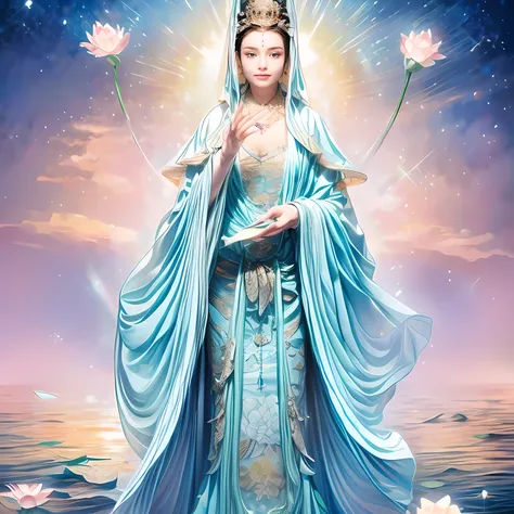 mantra  and guanyin ,bottle,water,lotus, lily pad,jewelry,wide sleeves, chinese clothes, hanfu,shawl, hair ornament, holding flo...