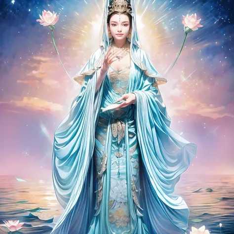 mantra  and guanyin ,bottle,water,lotus, lily pad,jewelry,wide sleeves, chinese clothes, hanfu,shawl, hair ornament, holding flo...