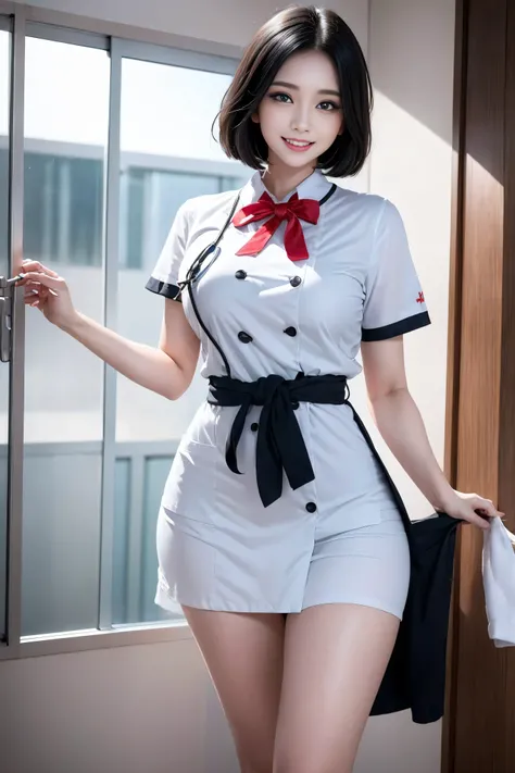 (3 Ultimate Beauty Nurses)、{{{masterpiece}}}， {Oh oh oh, Oh, really：1.2}， best quality， Official Art， Highly detailed CG Unity 8k wallpaper， Very rich facial details、Delicate lips、Delicate eyes、Double eyelids、((Black Bob Hair))、(Nurse:1.3)、(Attractive figu...