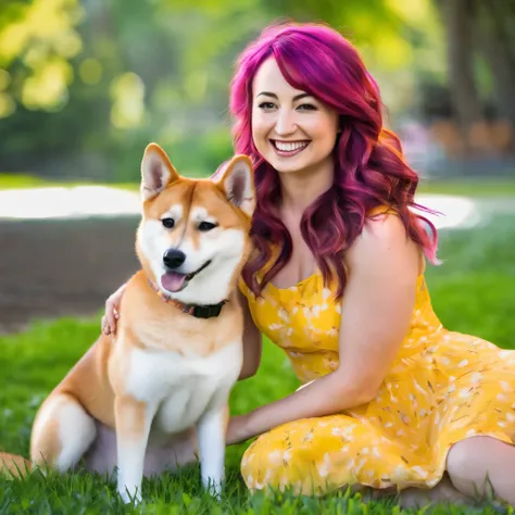 (Milana Vayntrub, age 30, brightly colored hair, translucent summer dress) is playing with her  Shiba Inu at the park.