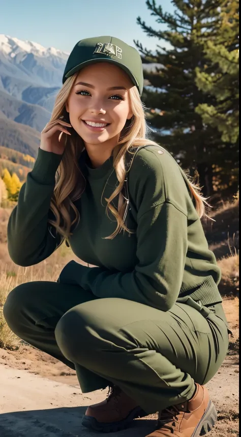 Foto hiperrealista en primer plano de Emily Sears, masterpiece, best quality, (photorealistic:1.4), full body, (army green winter Plus Size Long Sleeve Pullover casual Sweater:1.1), (army green cargo pants:1.2), (trucker hat), in the mountain,  sunny fall ...