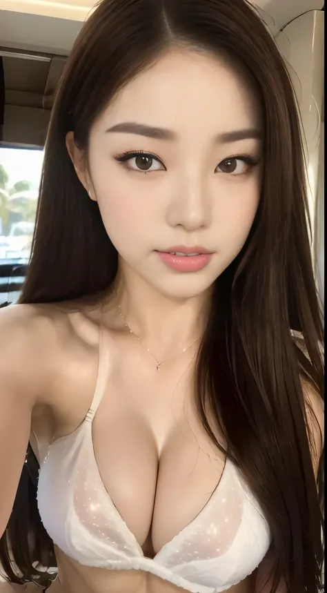 ((highest quality, 8k, masterpiece :1.3)), One Girl, Selfie, close, A very affectionate smile:1.2. Slim face, Beautiful woman, (Dark brown hair), Big Breasts:1.3,White micro bikini swimsuit,Highly detailed face, fine grain, double eyelid,  Blur the backgro...