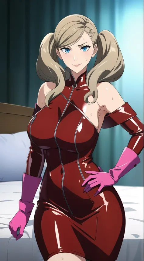 masterpiece, 1 girl, alone, Shortcuts, , Anne Takamaki (An Takamaki) - Persona、Looking at the audience, Big Breasts, Mature Woman, brand hair, smile,Light blue eyes, Pink Bed, Mature Woman,Pink latex gloves,Red off-the-shoulder latex suit,Red Skirt,Red off...