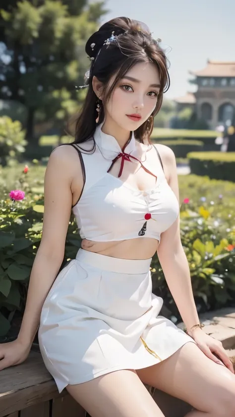 ( best quality、8k、masterpiece、Practical：1.3 )、 1 female、( A garden with a classic and famous castle as the background )、( Very high quality dark background : 1.2)、Natural bright sunlight、Blue sky、Brown hair tied up、Beautiful Women in Perfect Shape: 1.4、Hig...