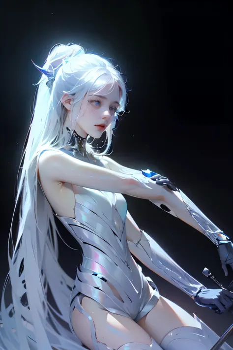 ((girl, mecha)), glowing eyes, delicate face, damaged armor, mechanical aura, mechanical arm, white hair, long hair, ceramic bod...