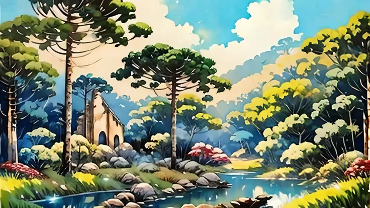 japanese style painting of araucarias growing beside the ruins of an old church, destroied rock fance