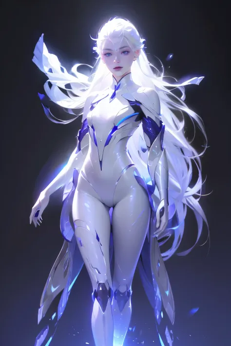 ((girl, mecha)), glowing eyes, delicate face, damaged armor, mechanical aura, mechanical arm, white hair, long hair, ceramic bod...