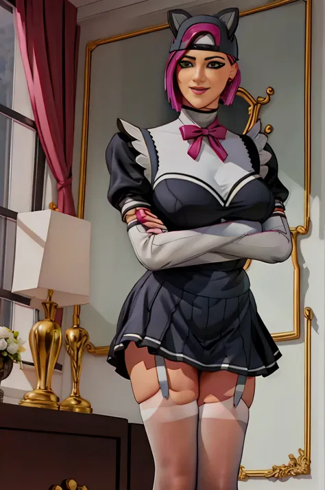 1girl, solo, standing, (legs apart:1.1), (crossed arms:1.1), cowboy shot,
looking at viewer, smile, blush,
Pink hair, short hair, beautiful green eyes, earrings, jewelry, 
maid, maid headdress, bowtie, maid apron, black shirt, puffy short sleeves, elbow gl...