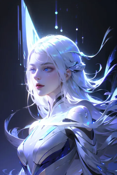 ((girl, mecha)), glowing eyes, delicate face, damaged armor, mechanical aura, mechanical arm, white hair, long hair, ceramic bod...